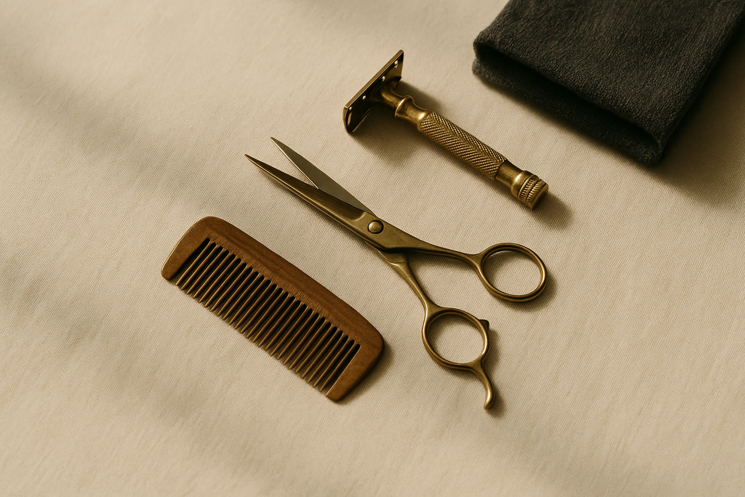 Vintage barber scissors, comb, and razor on warm linen