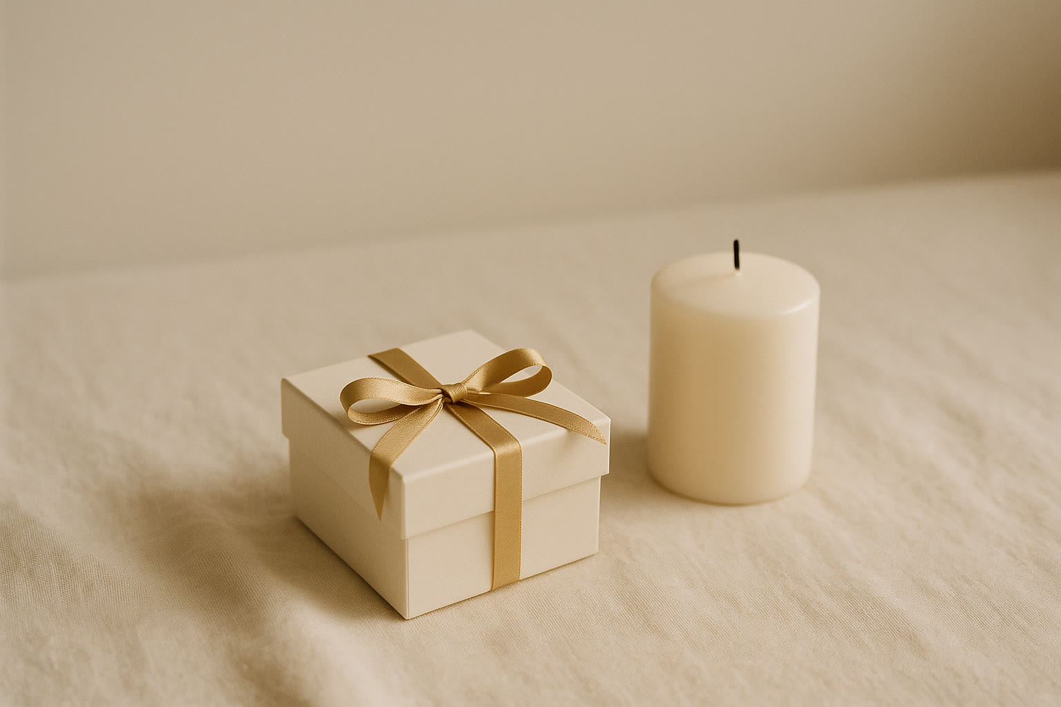 A small gift box with a gold ribbon next to a candle