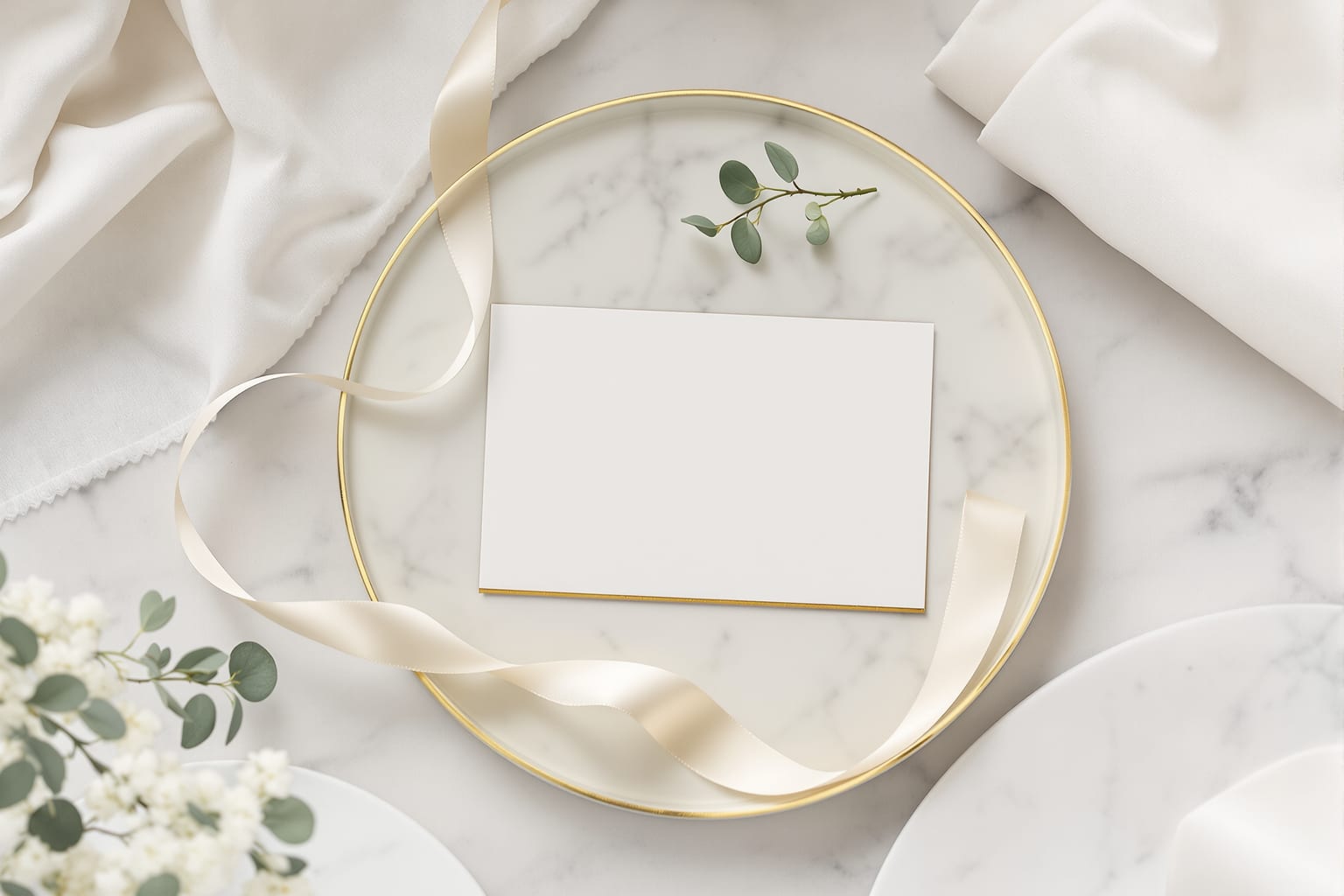 A cream gift card and satin ribbon on a marble tray beside a sprig of eucalyptus