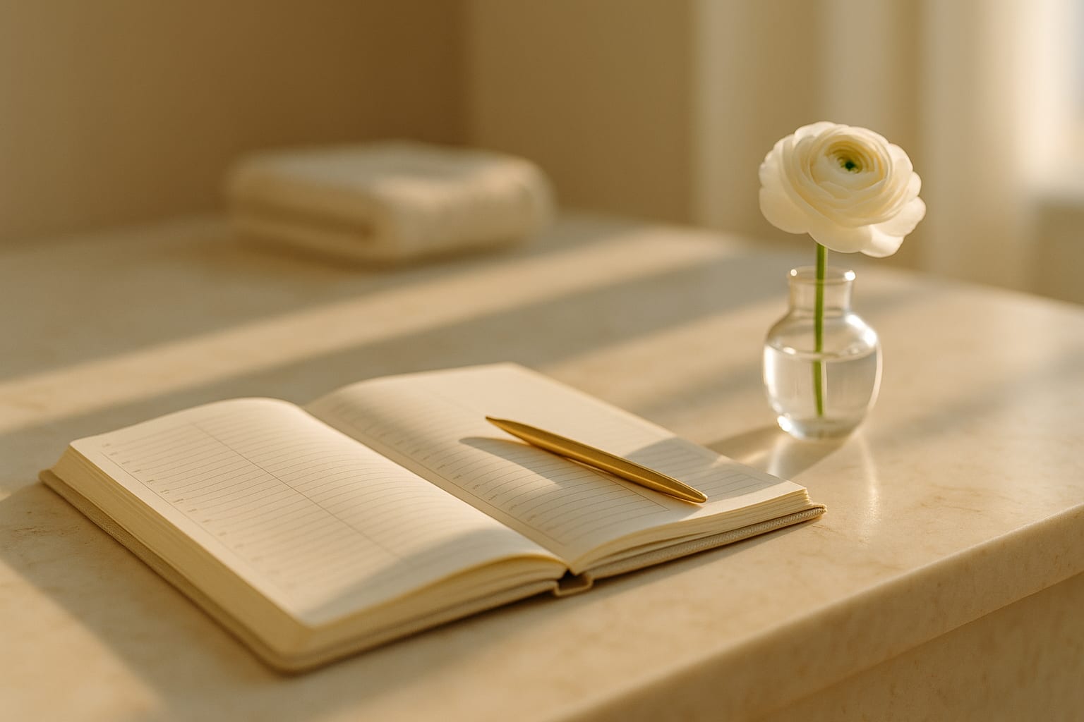 A calm med spa front desk with an open appointment book and a small vase of flowers