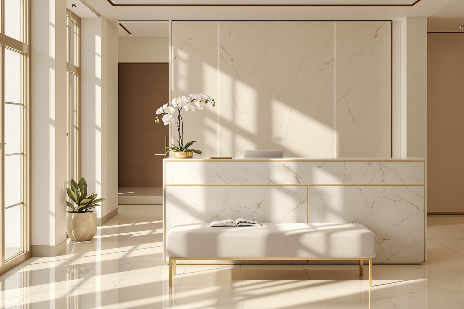 A quiet sunlit med spa lobby with a marble desk and a single white orchid