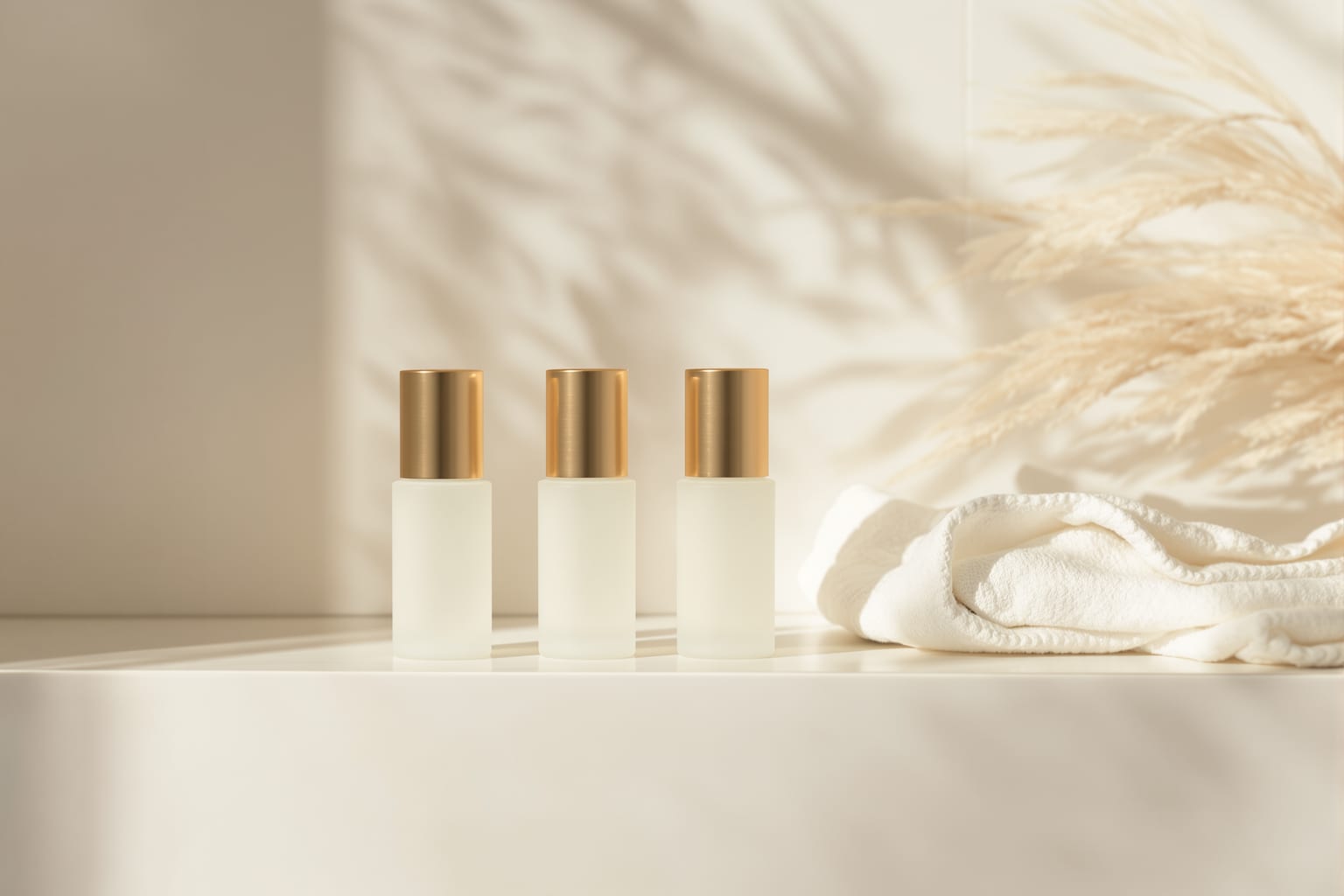 Three frosted skincare vials with gold caps lined up on a cream shelf beside a soft folded towel in warm light