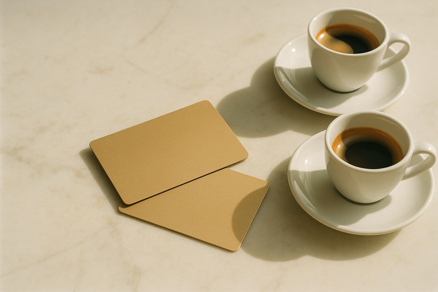 Two gold gift cards beside two espresso cups on marble